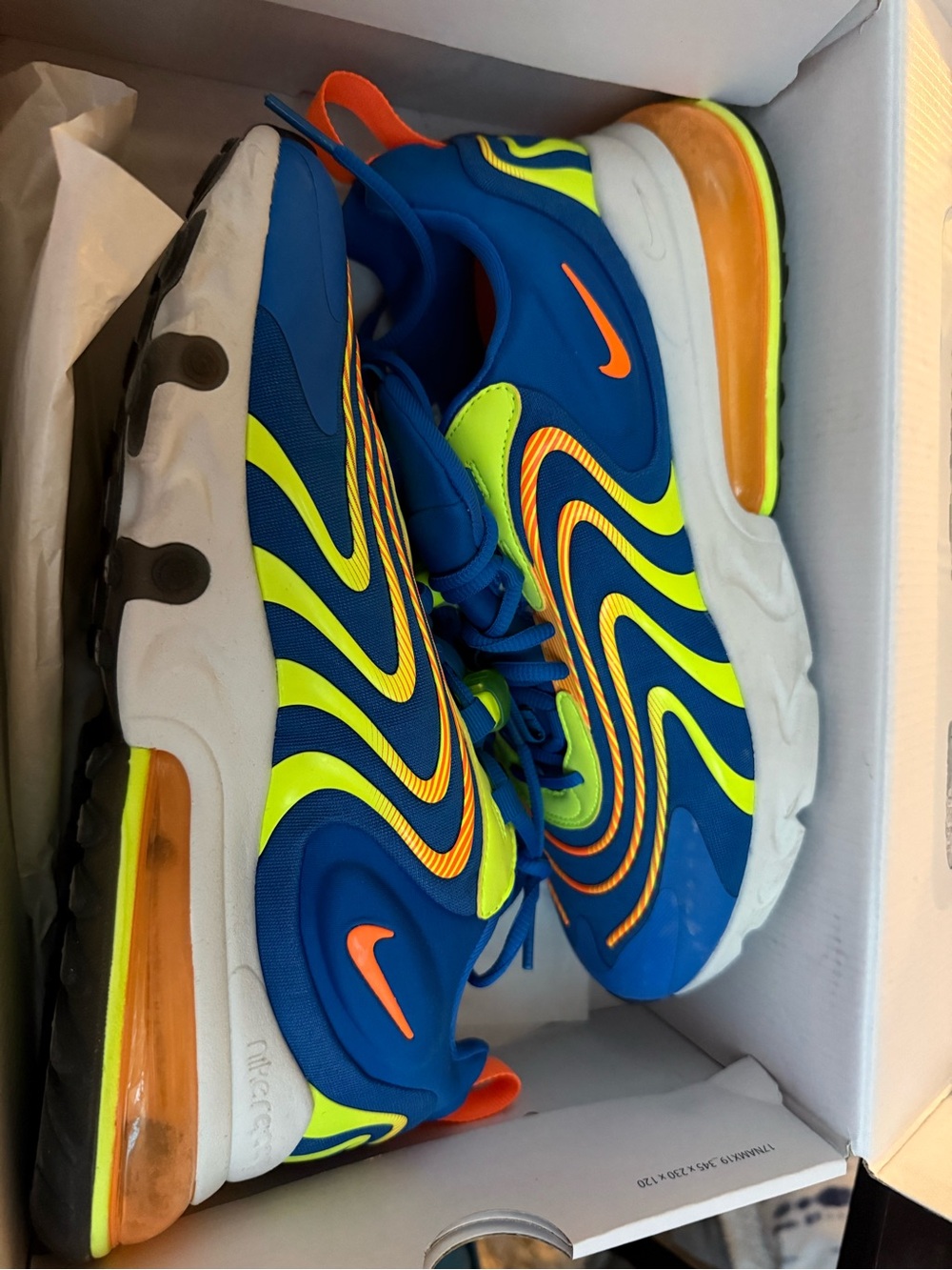 Nike mens Air Max 270 React ENG Blue Neon Green Orange Sneakers